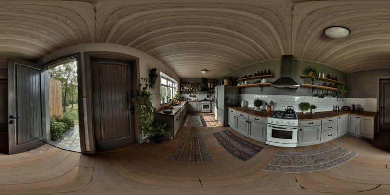 Marble 官方示例导出：进门的一步其实是一张 2560×1280 的等距圆柱全景（rustic kitchen 场景）