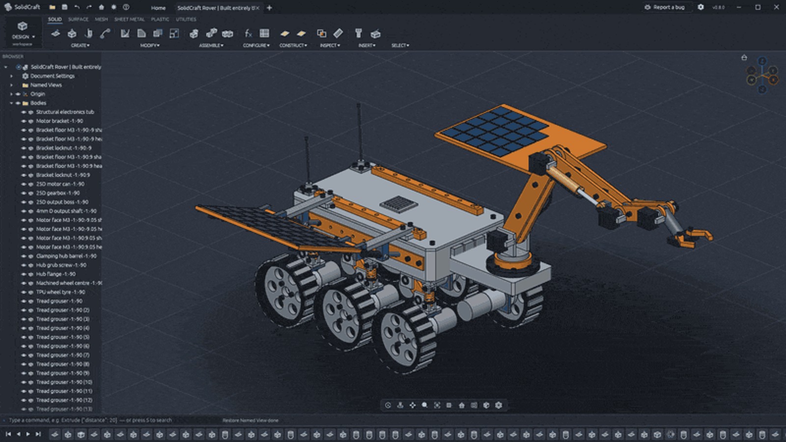 SolidCraft 里用 MCP 建出来的 SELENE 火星车：3,323 步时间线，可编辑、可重放