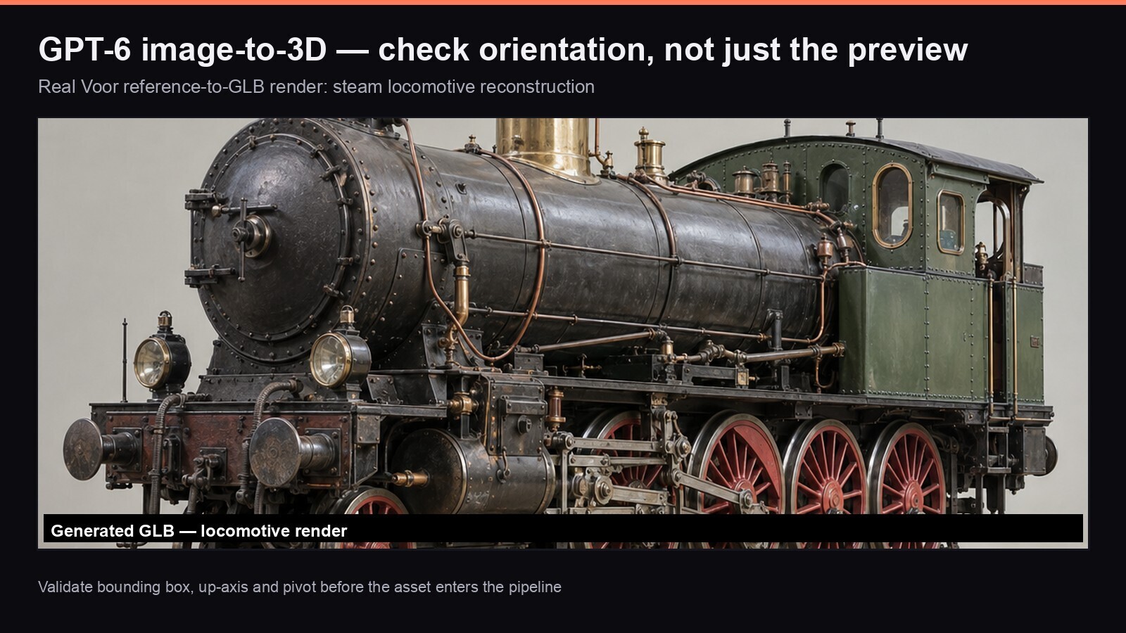 源文中的真实 image-to-3D 结果:一台蒸汽机车被重建为带贴图的 GLB