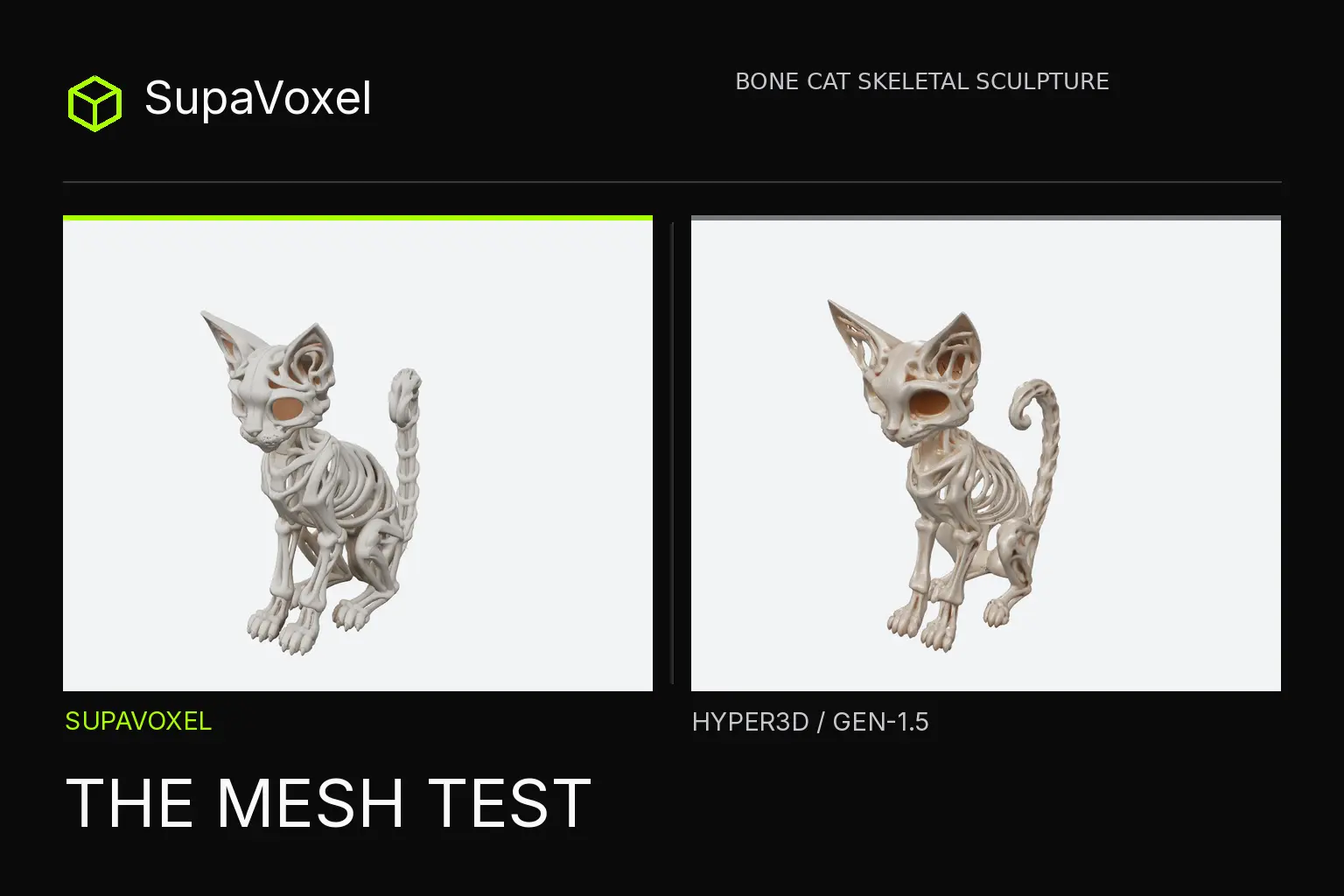 同一张骨架猫：Hyper3D 与 SupaVoxel 的对比（原文头图）
